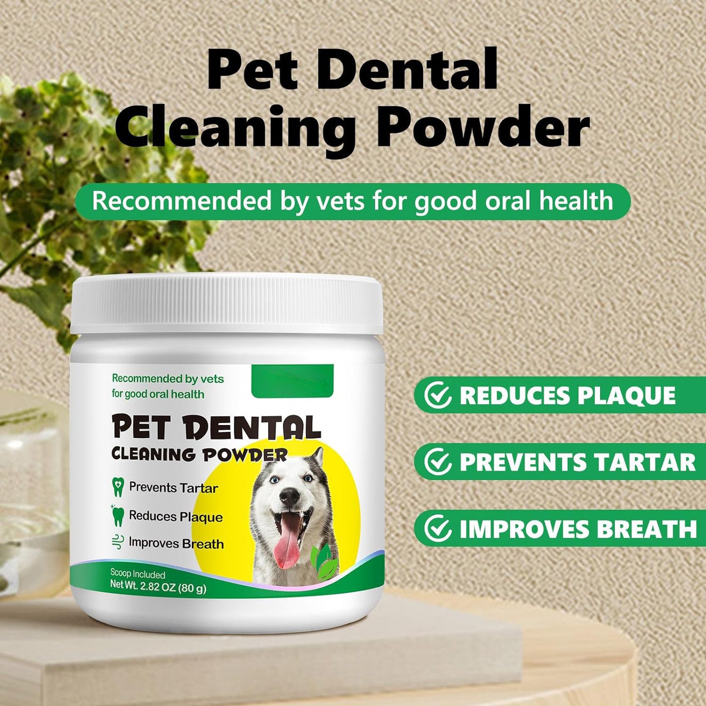 The pet dog breathing freshener conta probiotics and is used as a halitosis remover